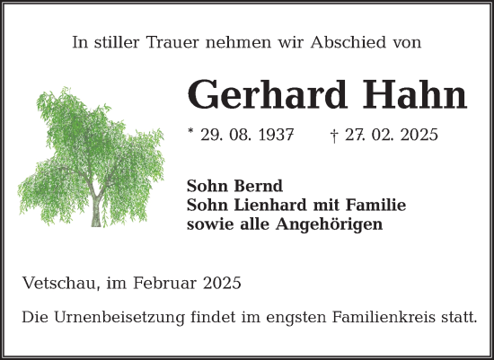 Traueranzeige von Gerhard Hahn von Lausitzer Rundschau