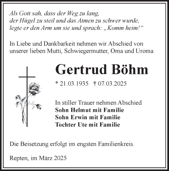 Traueranzeige von Gertrud Böhm von Lausitzer Rundschau