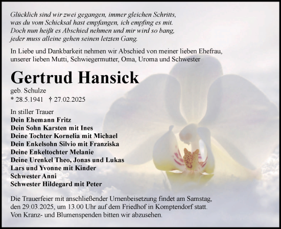 Traueranzeige von Gertrud Hansick von Lausitzer Rundschau