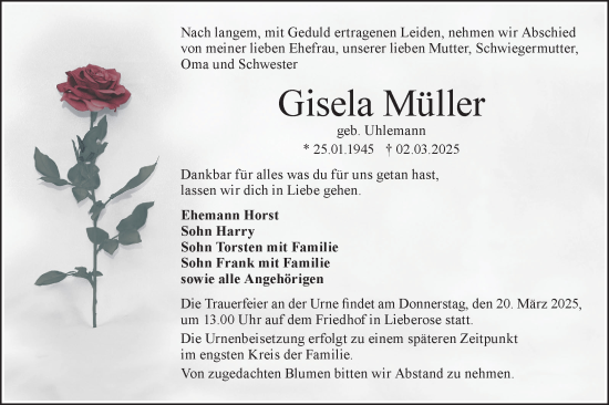 Traueranzeige von Gisela Müller von Lausitzer Rundschau