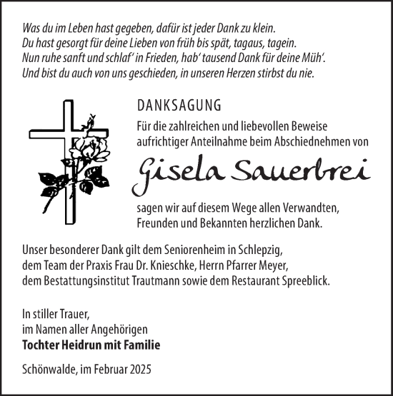 Traueranzeige von Gisela Sauerbrei von Lausitzer Rundschau