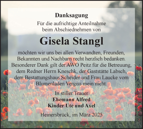 Traueranzeige von Gisela Stangl von Lausitzer Rundschau