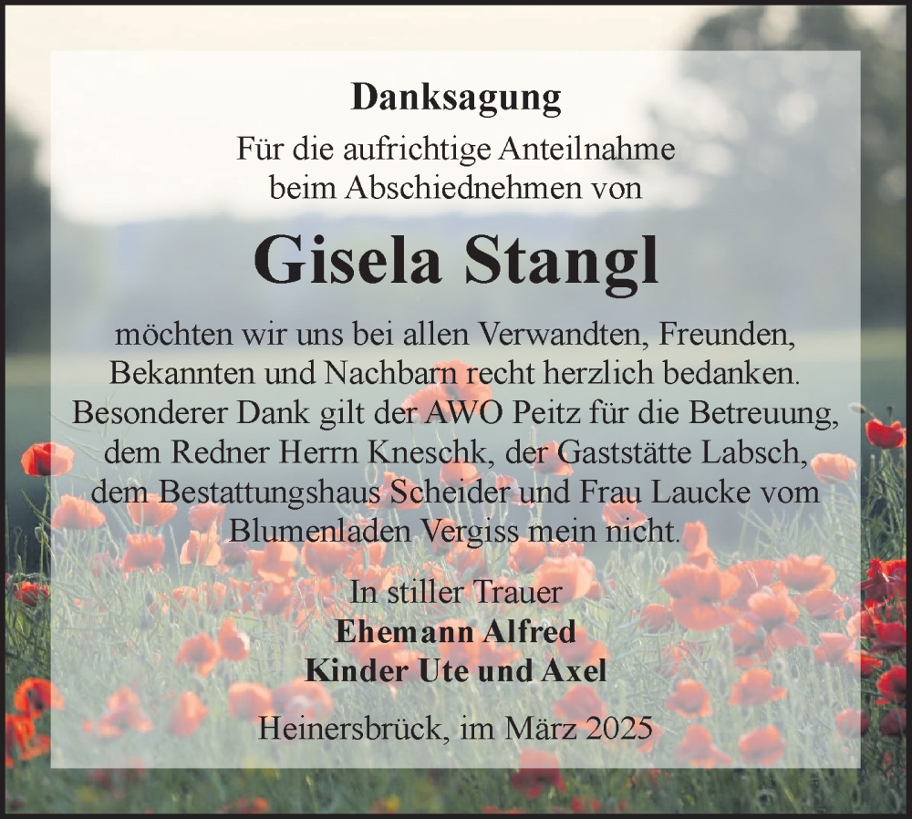  Traueranzeige für Gisela Stangl vom 29.03.2025 aus Lausitzer Rundschau