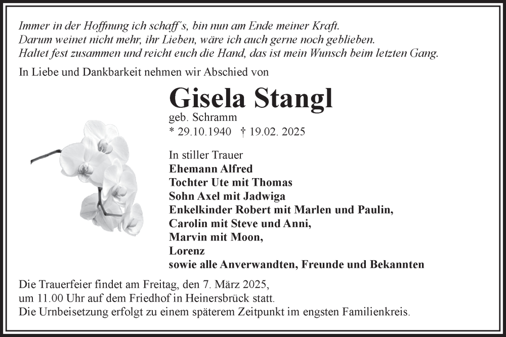  Traueranzeige für Gisela Stangl vom 01.03.2025 aus Lausitzer Rundschau