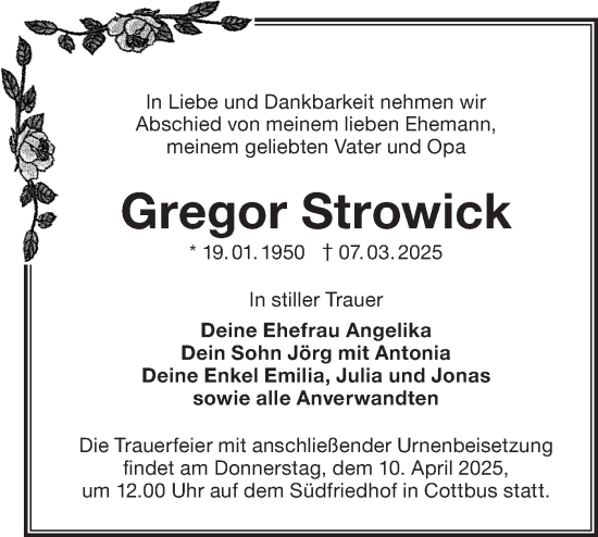 Traueranzeige von Gregor Strowick von Lausitzer Rundschau