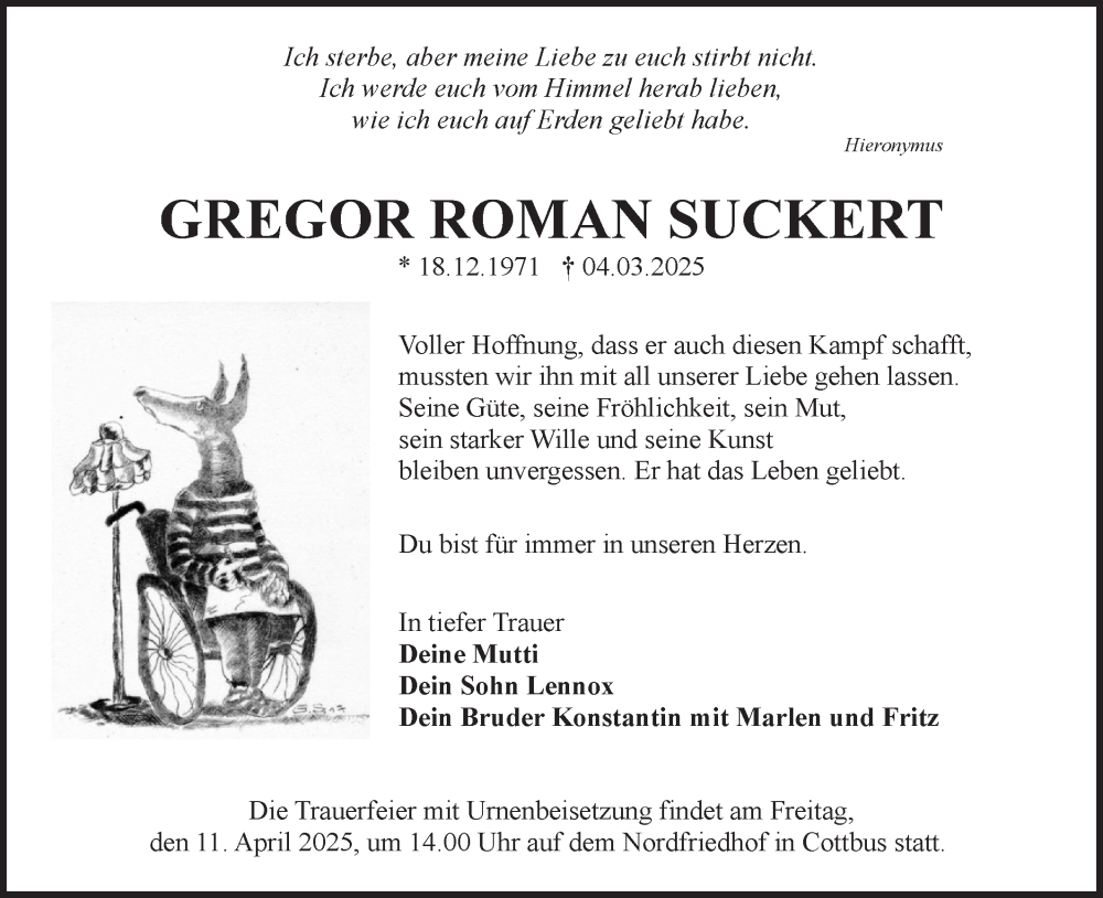  Traueranzeige für Gregor Roman Suckert vom 29.03.2025 aus Lausitzer Rundschau
