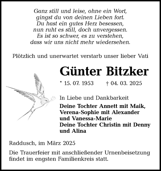 Traueranzeige von Günter Bitzker von Lausitzer Rundschau
