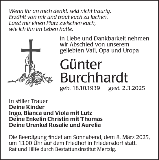 Traueranzeige von Günter Burchhardt von Lausitzer Rundschau
