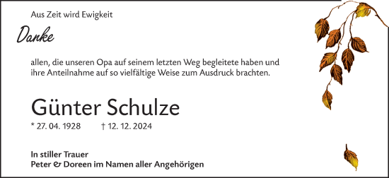 Traueranzeige von Günter Schulze von Lausitzer Rundschau