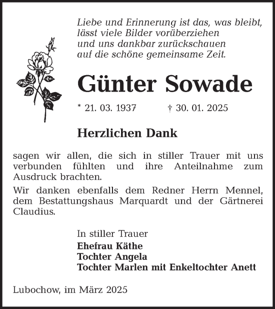 Traueranzeige von Günter Sowade von Lausitzer Rundschau