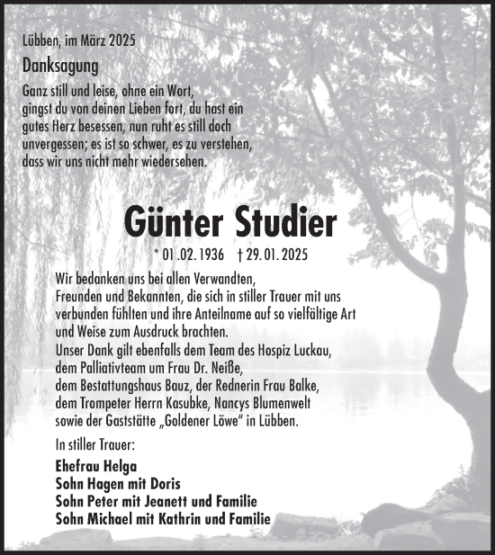 Traueranzeige von Günter Studier von Lausitzer Rundschau