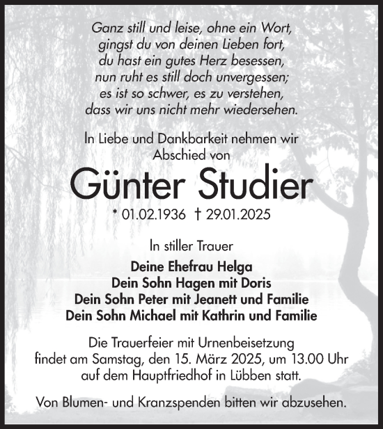 Traueranzeige von Günter Studier von Lausitzer Rundschau