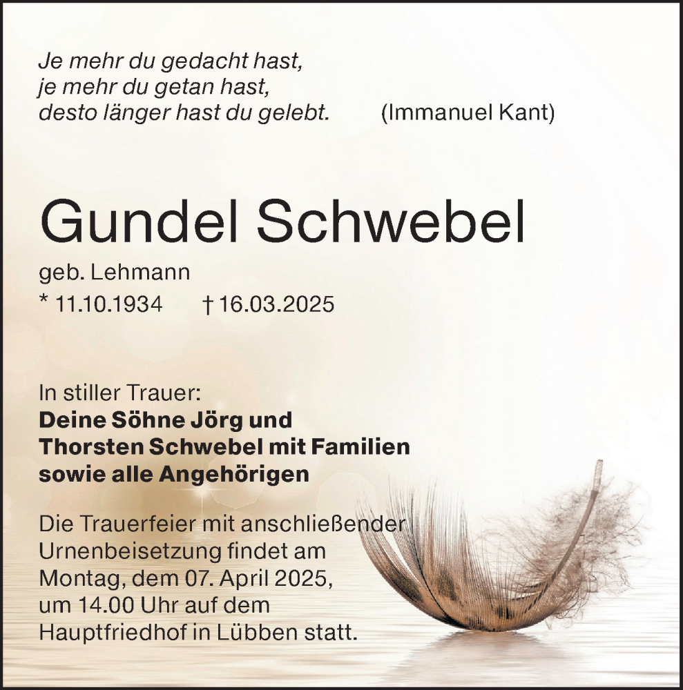  Traueranzeige für Gundel Schwebel vom 29.03.2025 aus Lausitzer Rundschau