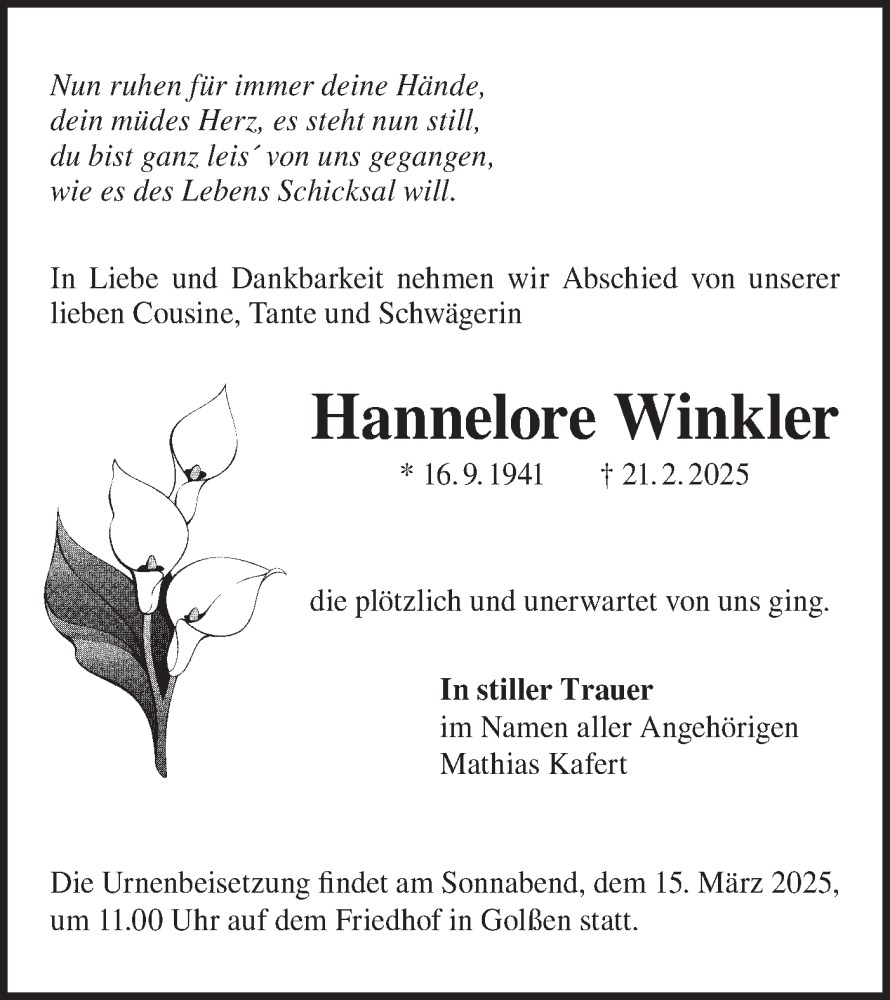  Traueranzeige für Hannelore Winkler vom 01.03.2025 aus Lausitzer Rundschau
