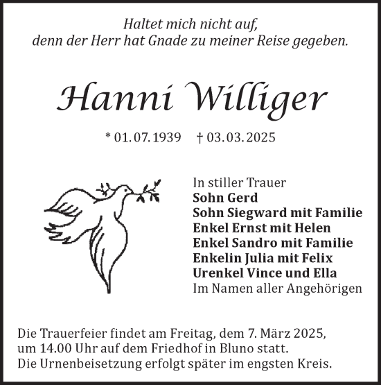 Traueranzeige von Hanni Williger von Lausitzer Rundschau