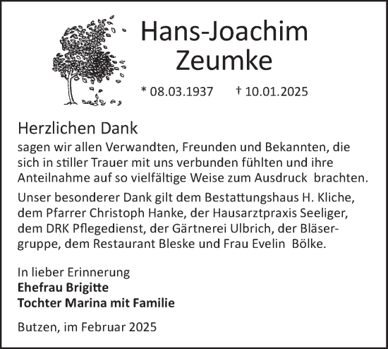 Traueranzeige von Hans-Joachim Zeumke von Lausitzer Rundschau