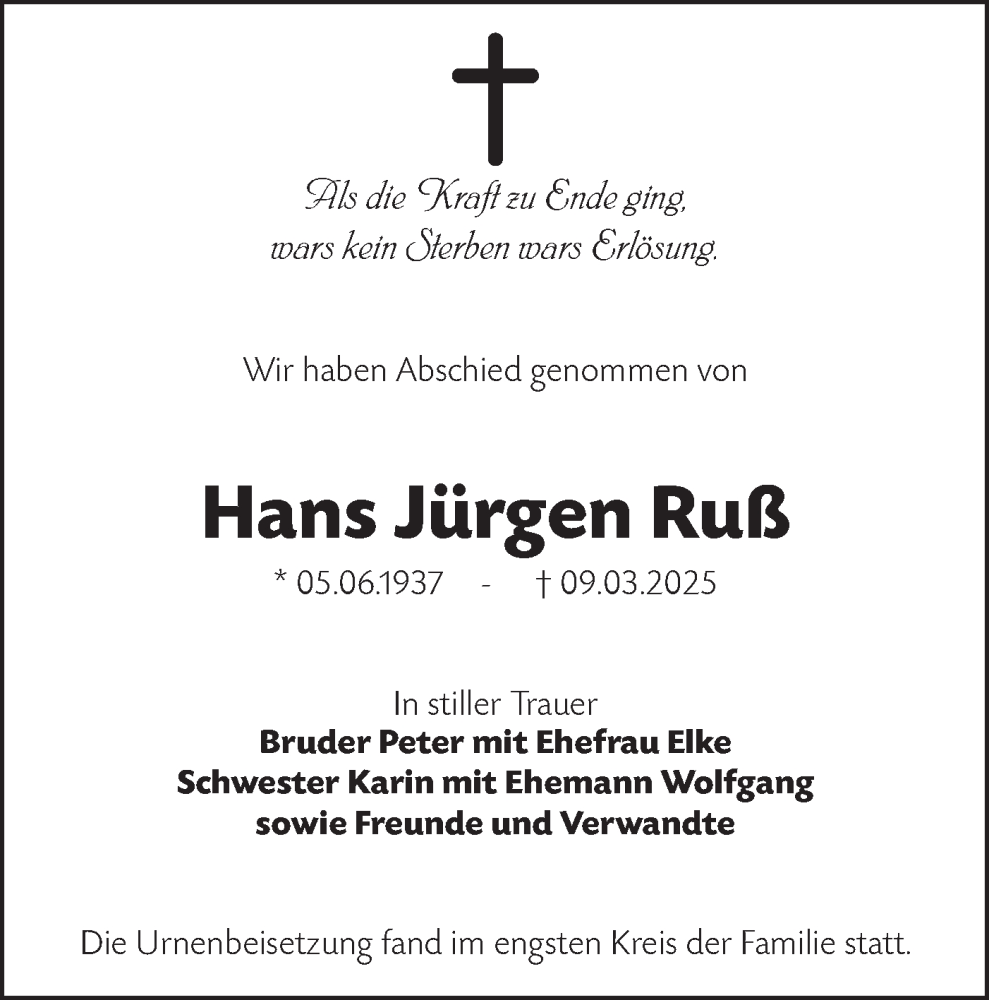  Traueranzeige für Hans Jürgen Ruß vom 29.03.2025 aus Lausitzer Rundschau
