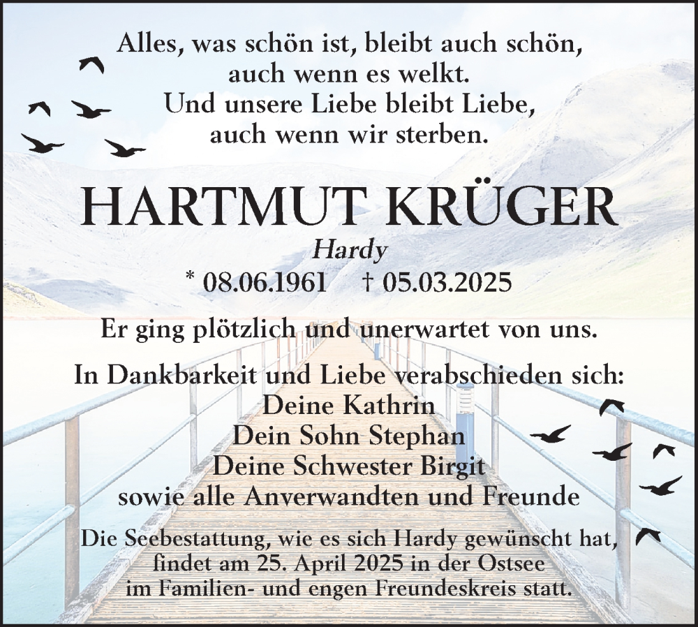  Traueranzeige für Hartmut Krüger vom 15.03.2025 aus Lausitzer Rundschau
