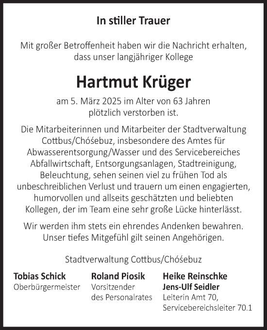 Traueranzeige von Hartmut Krüger von Lausitzer Rundschau