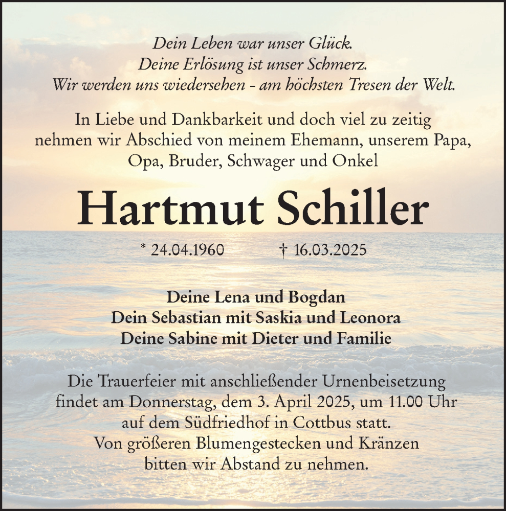  Traueranzeige für Hartmut Schiller vom 29.03.2025 aus Lausitzer Rundschau