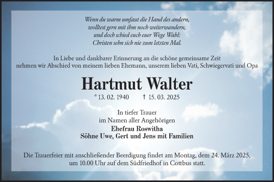 Traueranzeige von Hartmut Walter von Lausitzer Rundschau