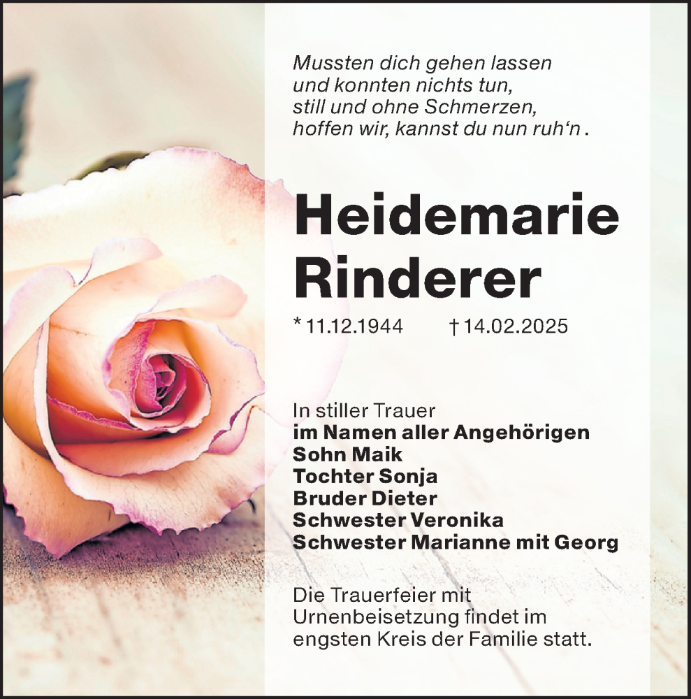  Traueranzeige für Heidemarie Rinderer vom 01.03.2025 aus Lausitzer Rundschau