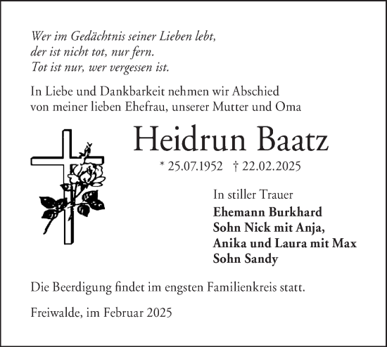 Traueranzeige von Heidrun Baatz von Lausitzer Rundschau