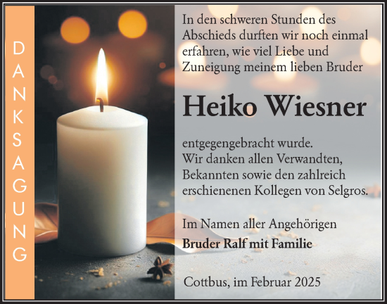Traueranzeige von Heiko Wiesner von Lausitzer Rundschau