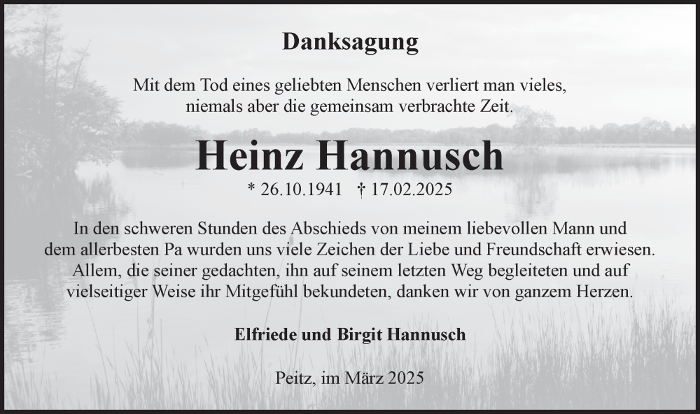  Traueranzeige für Heinz Hannusch vom 22.03.2025 aus Lausitzer Rundschau