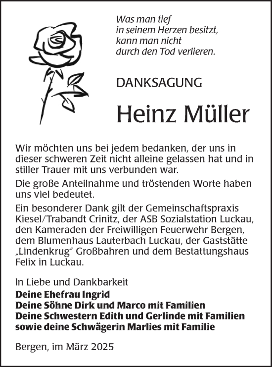 Traueranzeige von Heinz Müller von Lausitzer Rundschau