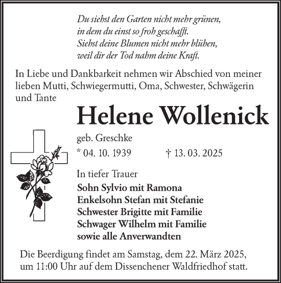 Traueranzeige von Helene Wollenick von Lausitzer Rundschau
