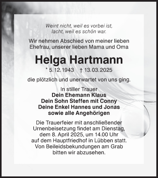 Traueranzeige von Helga Hartmann von Lausitzer Rundschau