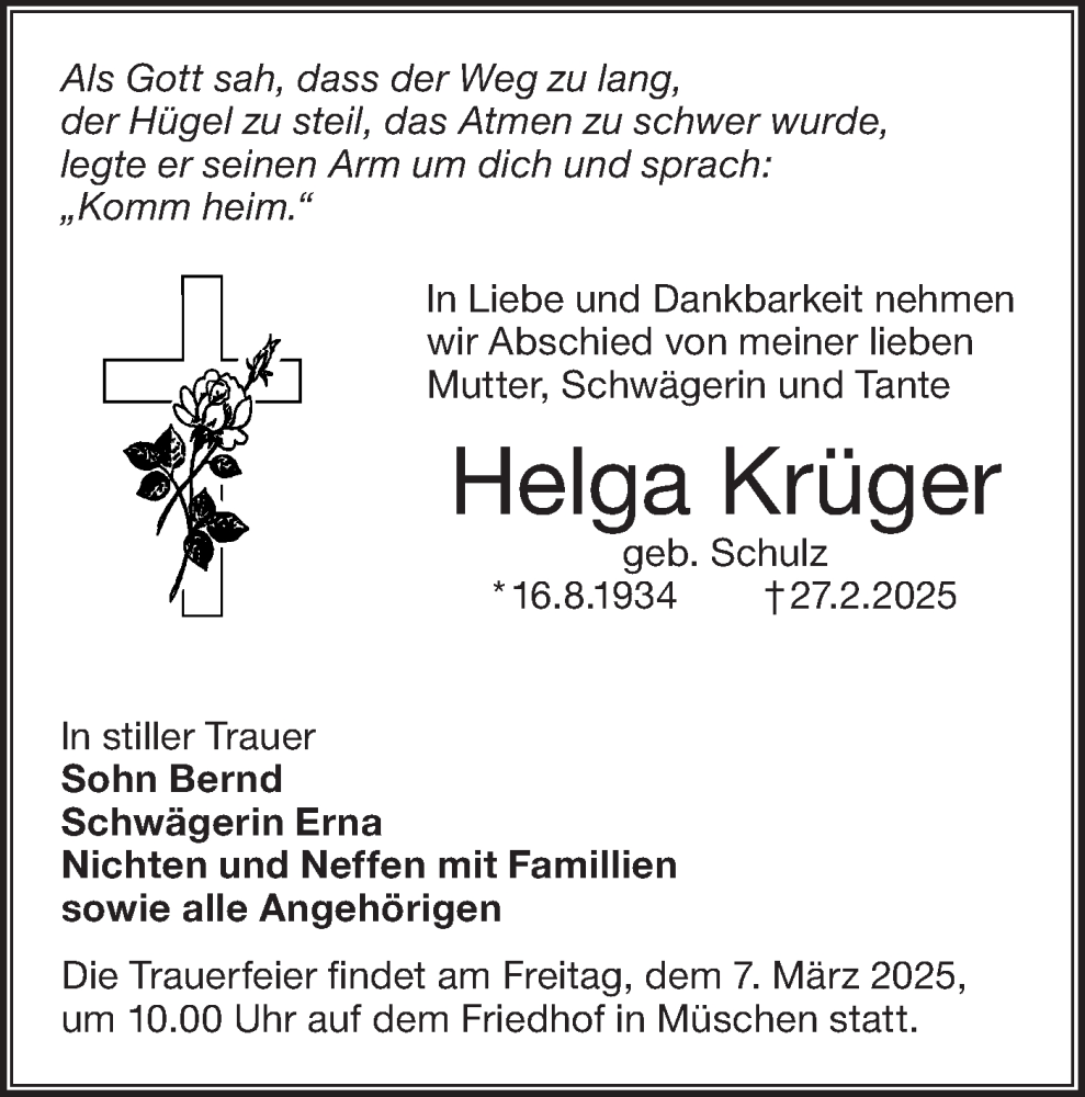  Traueranzeige für Helga Krüger vom 05.03.2025 aus Lausitzer Rundschau