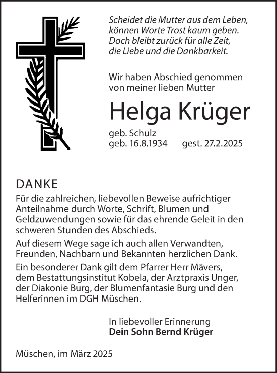 Traueranzeige von Helga Krüger von Lausitzer Rundschau