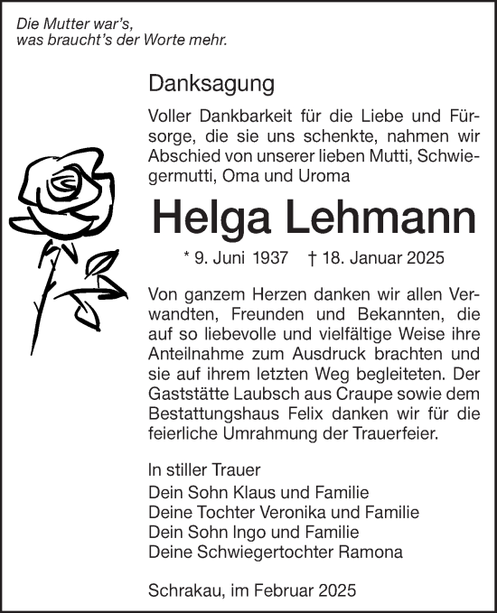 Traueranzeige von Helga Lehmann von Lausitzer Rundschau