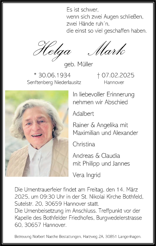 Traueranzeige von Helga Mark von Lausitzer Rundschau