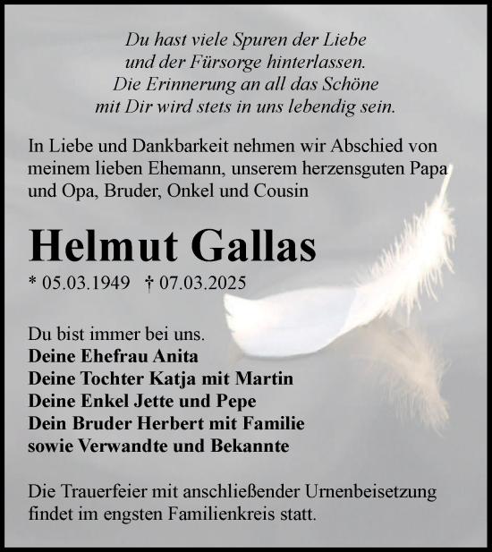 Traueranzeige von Helmut Gallas von Lausitzer Rundschau