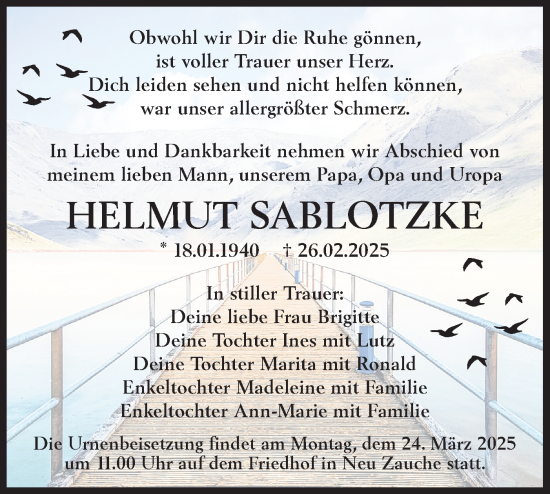 Traueranzeige von Helmut Sablotzke von Lausitzer Rundschau