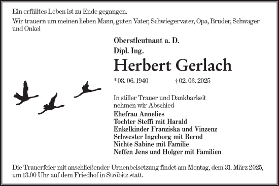 Traueranzeige von Herbert Gerlach von Lausitzer Rundschau
