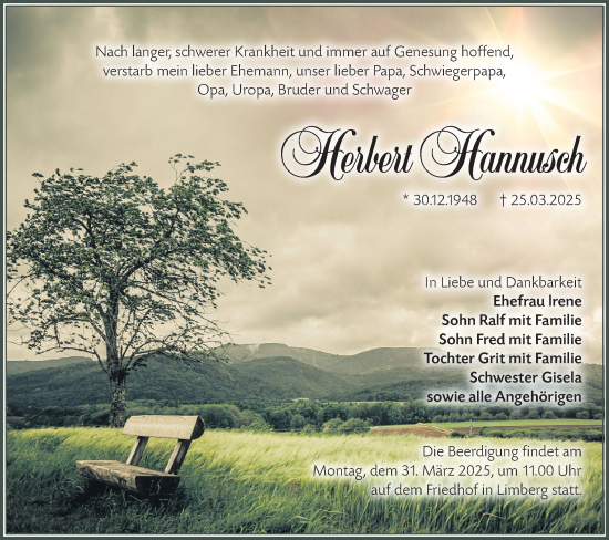 Traueranzeige von Herbert Hannusch von Lausitzer Rundschau
