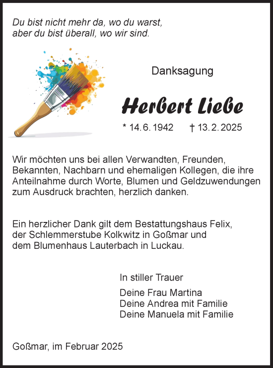 Traueranzeige von Herbert Liebe von Lausitzer Rundschau