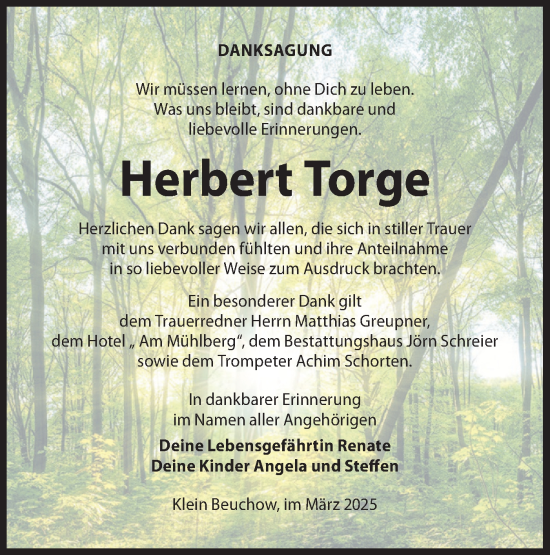 Traueranzeige von Herbert Torge von Lausitzer Rundschau