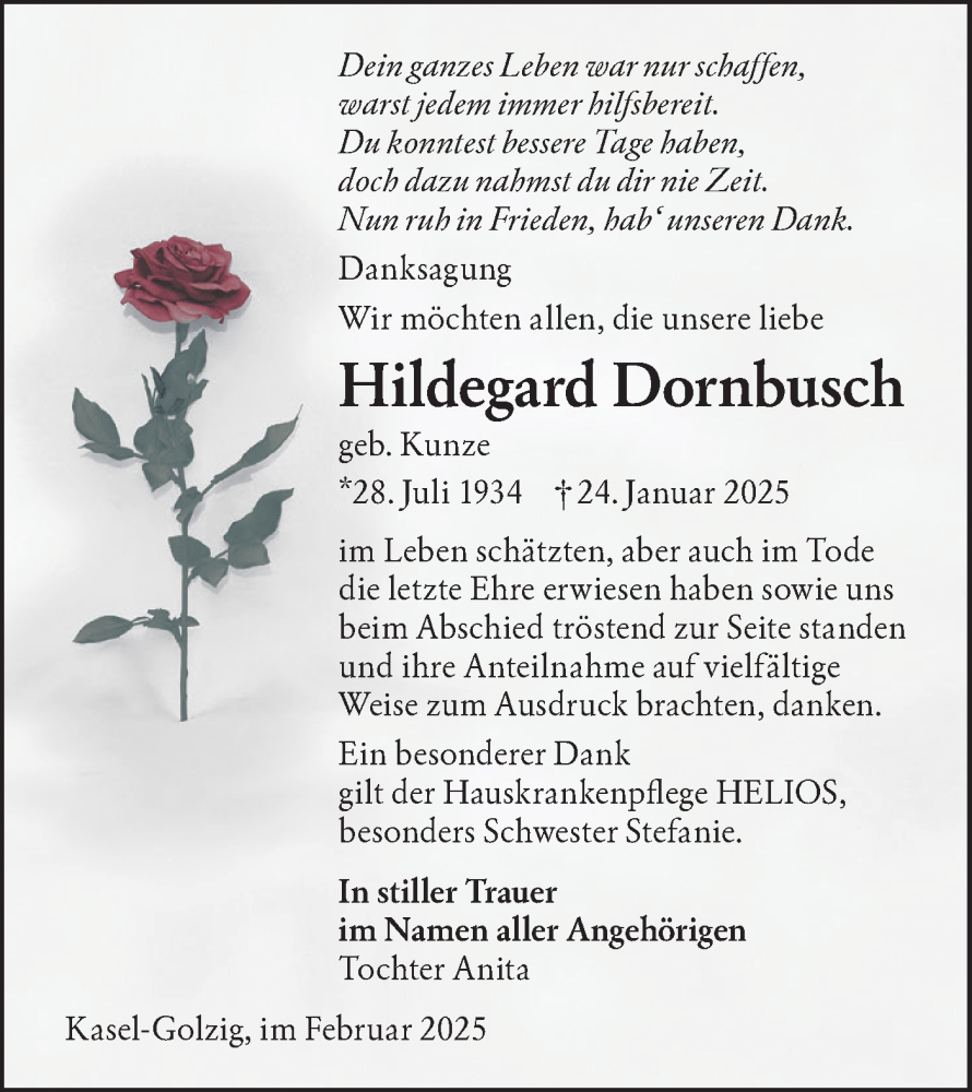  Traueranzeige für Hildegard Dornbusch vom 08.03.2025 aus Lausitzer Rundschau