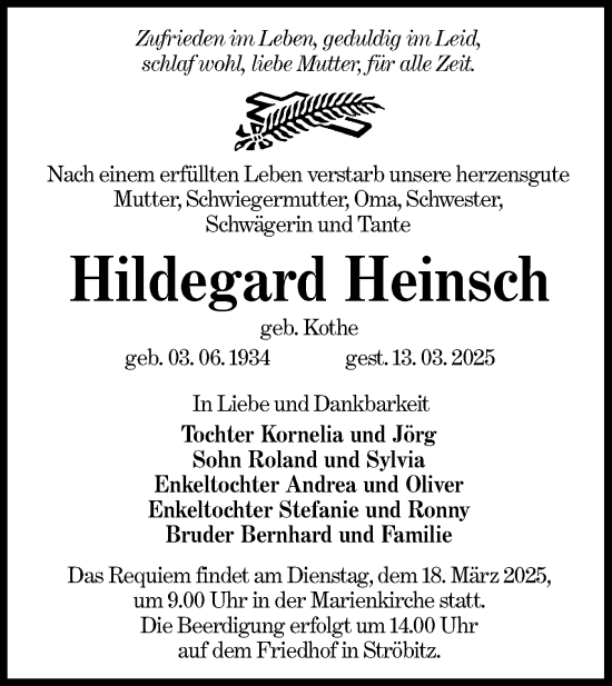 Traueranzeige von Hildegard Heinsch von Lausitzer Rundschau