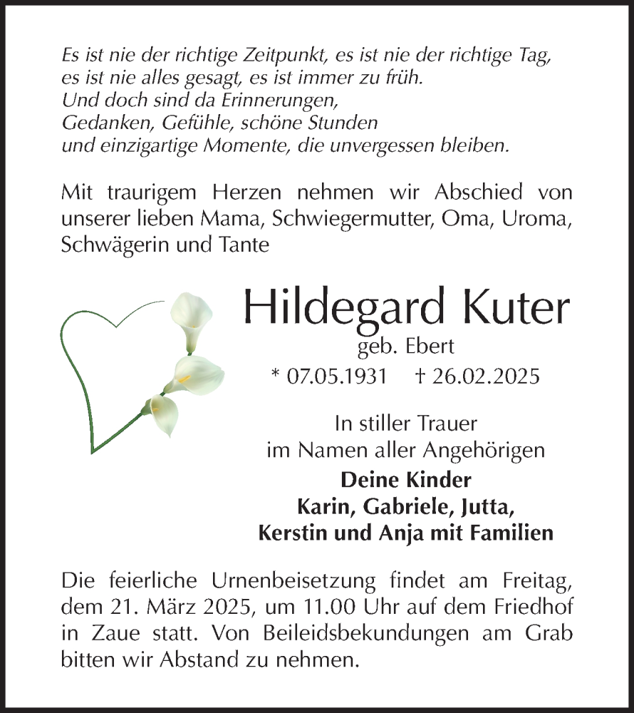  Traueranzeige für Hildegard Kuter vom 15.03.2025 aus Lausitzer Rundschau