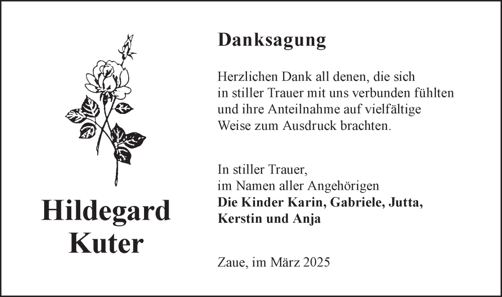  Traueranzeige für Hildegard Kuter vom 29.03.2025 aus Lausitzer Rundschau
