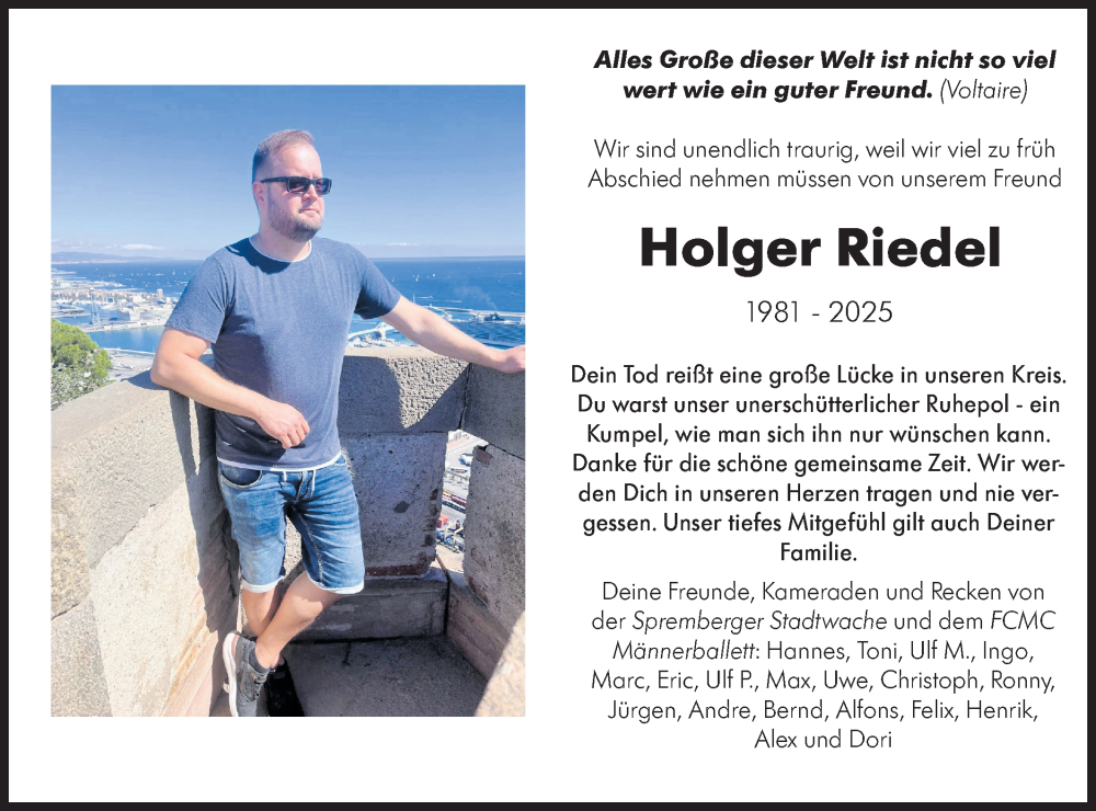  Traueranzeige für Holger Riedel vom 29.03.2025 aus Lausitzer Rundschau