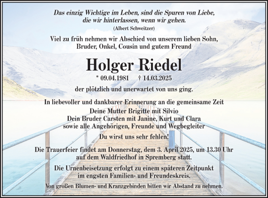 Traueranzeige von Holger Riedel von Lausitzer Rundschau