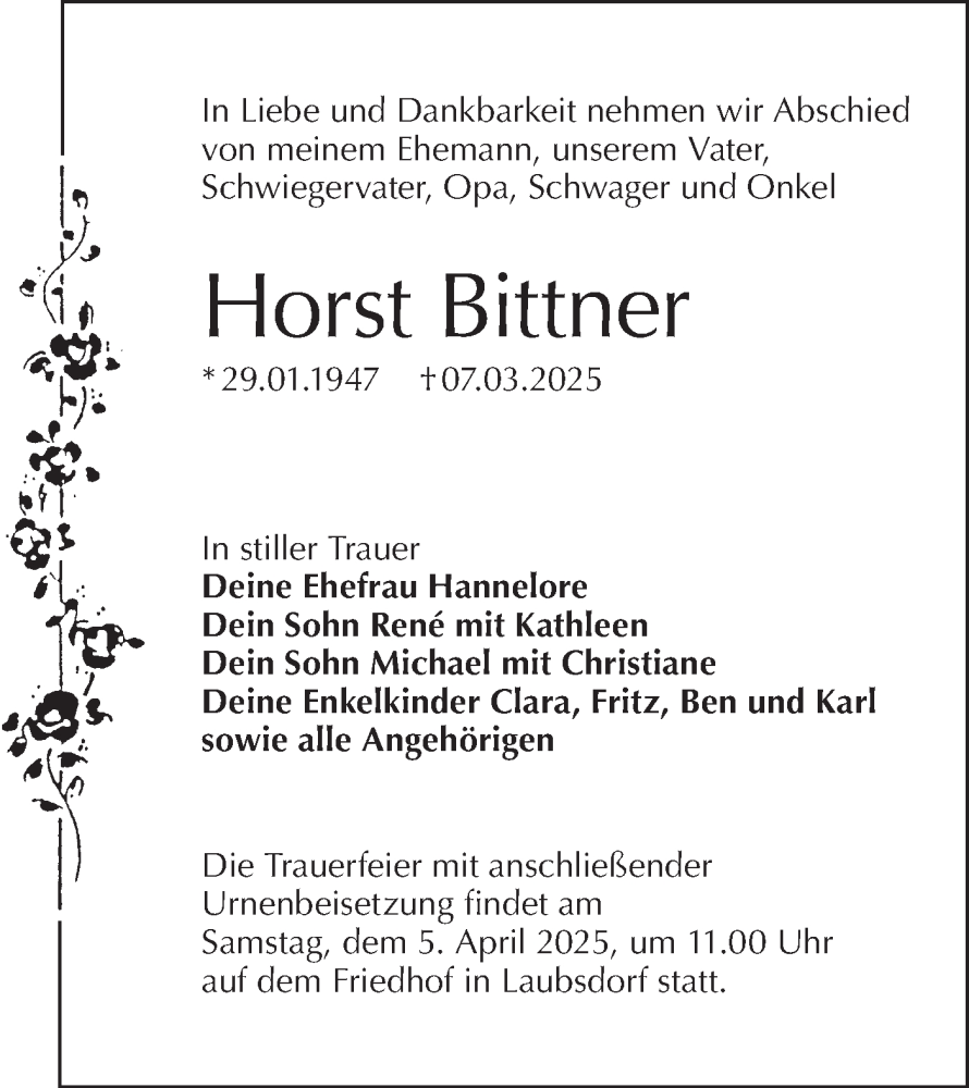  Traueranzeige für Horst Bittner vom 29.03.2025 aus Lausitzer Rundschau