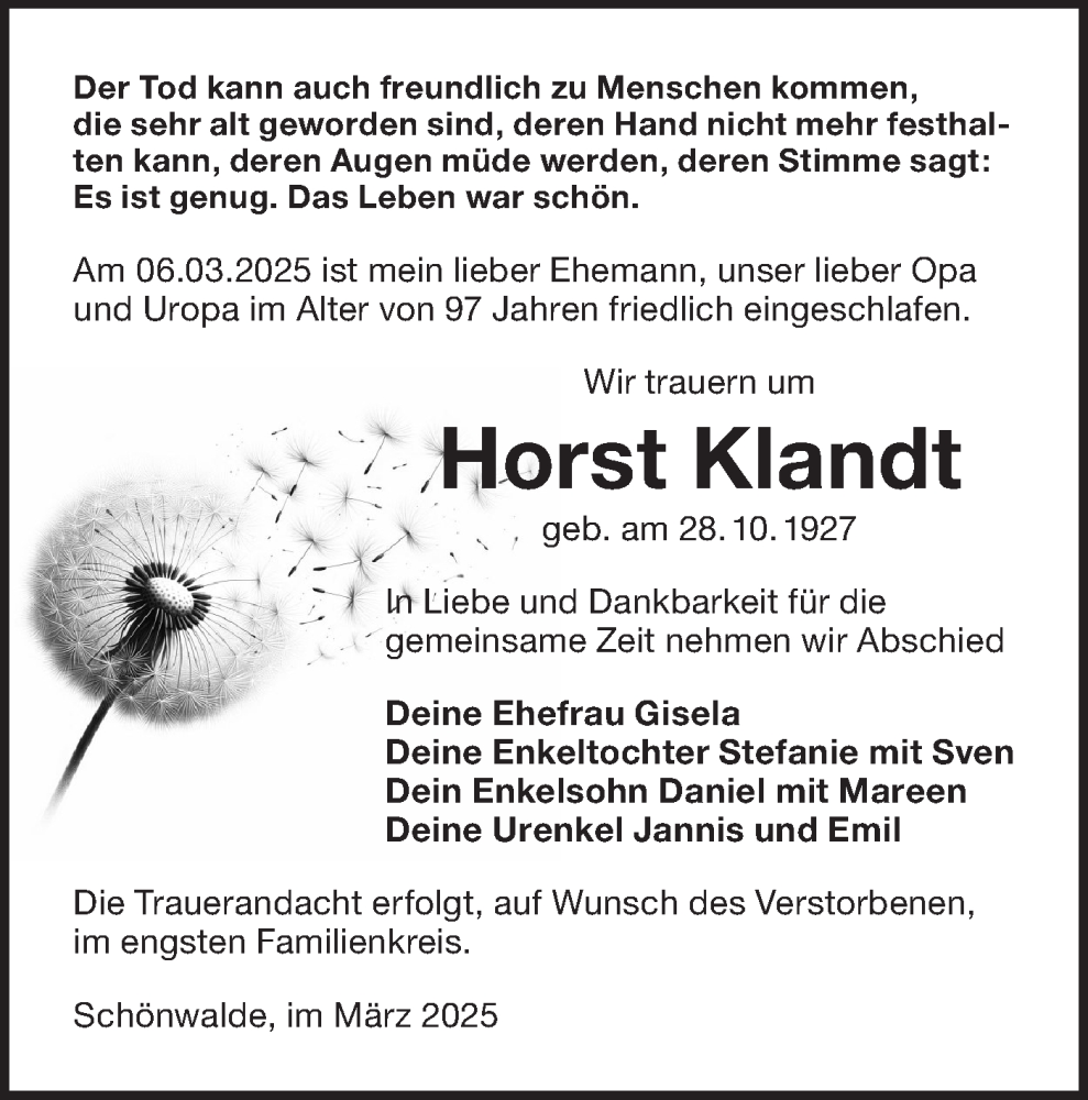  Traueranzeige für Horst Klandt vom 22.03.2025 aus Lausitzer Rundschau